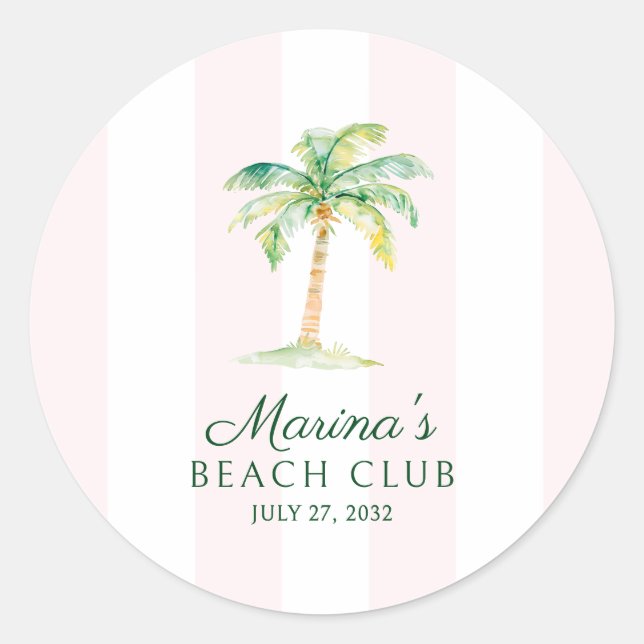 Blush Pink Cabana Stripes Palm Beach Club Favour Classic Round Sticker (Front)