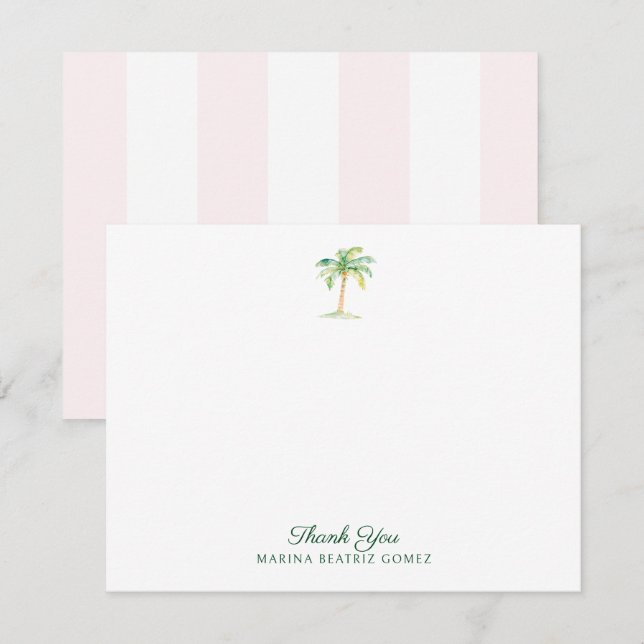 Blush Pink Cabana Stripes Palm Tree Thank You Card (Front/Back)