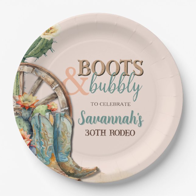 Blush Pink Cactus Rodeo Cowgirl Western Birthday Paper Plate (Front)