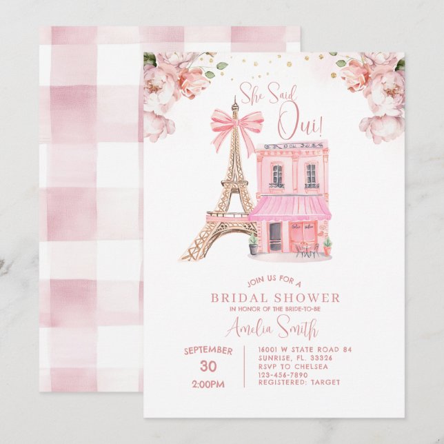 Blush Pink Cafe Paris Bow Eiffel Bridal Shower Invitation (Front/Back)