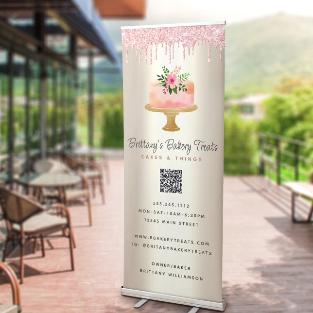 Blush Pink Cake Glitter Drips QR Code Gold Ombre Retractable Banner (Creator Uploaded)