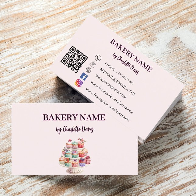 Blush pink cake pastry cupcakes bakery QR code Business Card (Creator Uploaded)