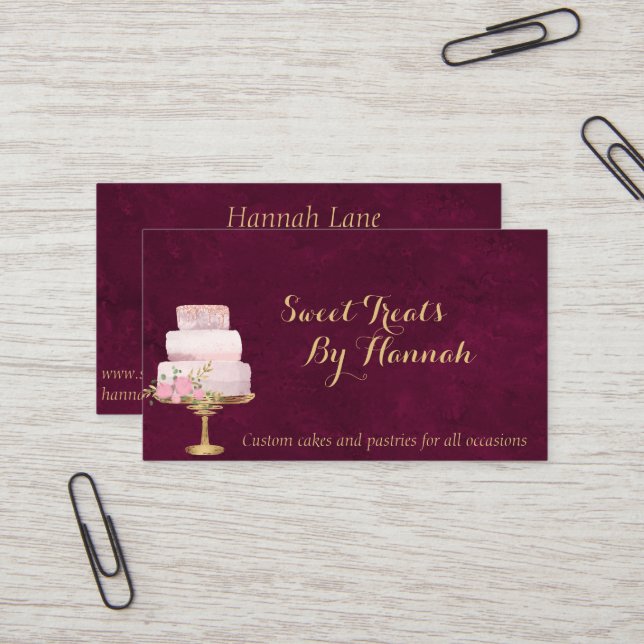 Blush Pink Cake With Florals and Glitter Bakery Business Card (Front/Back In Situ)