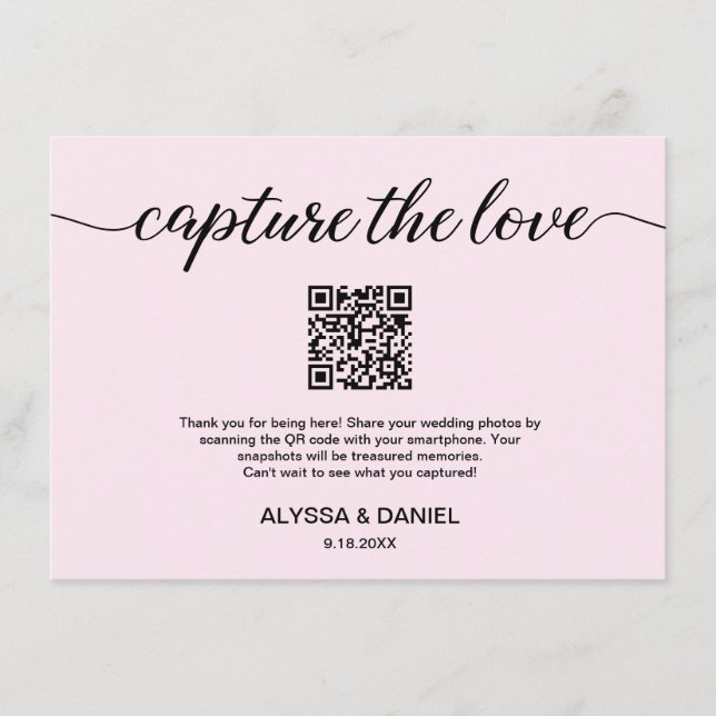 Blush Pink Capture the love QR code wedding photo Enclosure Card (Front)