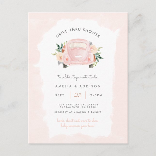 Blush Pink Car Girl Drive Through Baby Shower Invitation Postcard (Front)