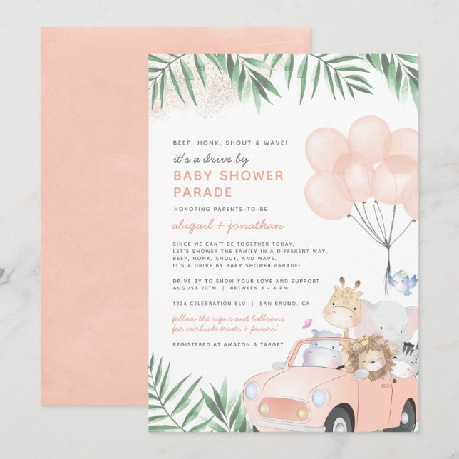 Blush Pink Car Safari Animals Drive By Baby Shower Invitation (Front/Back)