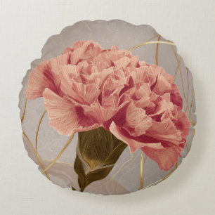 Blush Pink Carnation Floral Gold Round Cushion