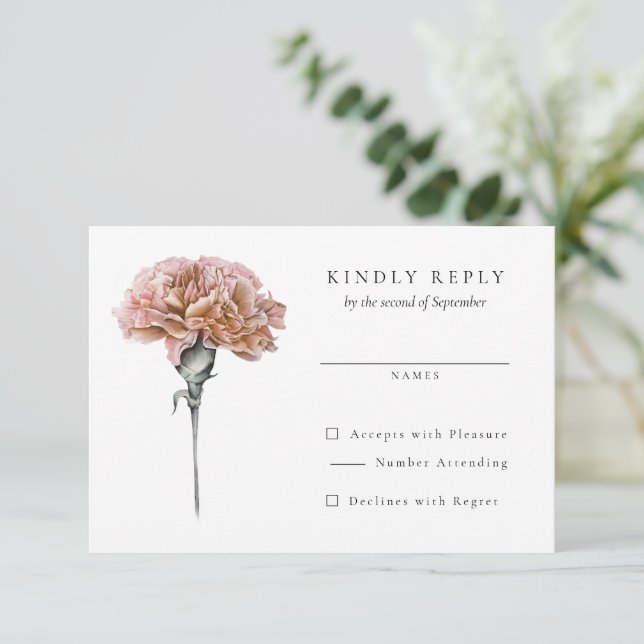 Blush Pink Carnation Wedding RSVP Reply (Standing Front)