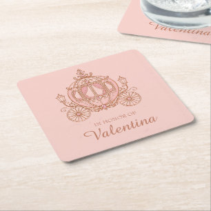 Blush Pink Carriage Princess Quinceañera  Square Paper Coaster