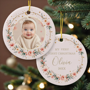 Blush Pink Celestial Baby First Christmas Photo Ceramic Tree Decoration