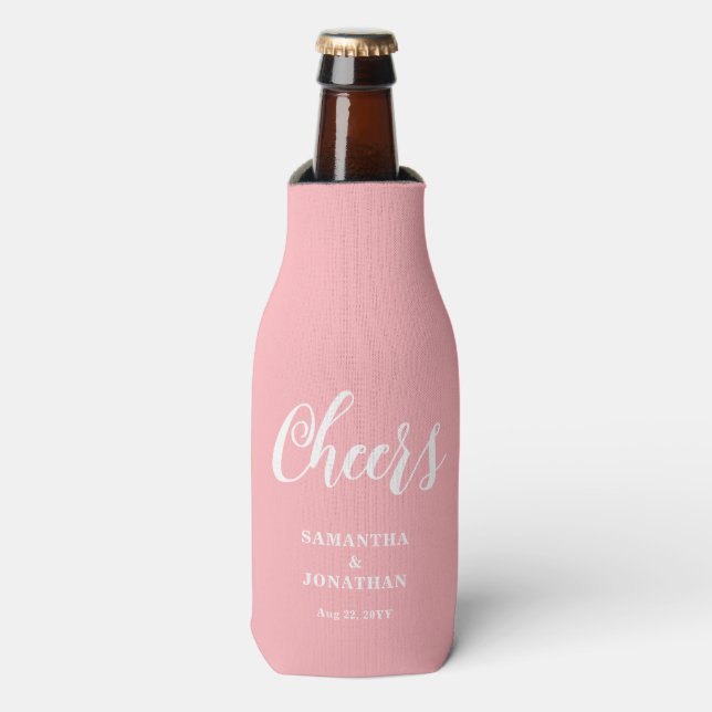 Blush Pink Cheers Wedding  Bottle Cooler (Bottle Front)