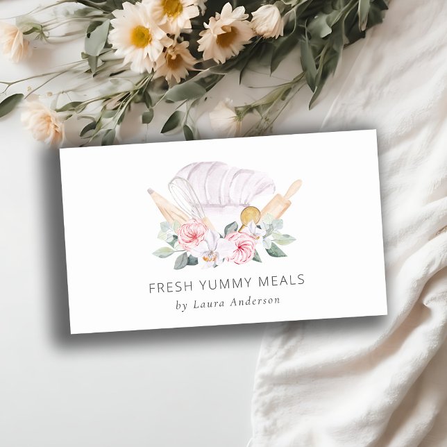 Blush Pink Chef Hat Catering Floral Roller Whisk Business Card (Creator Uploaded)