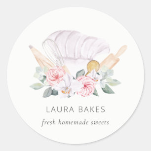 Blush Pink Chef Hat Catering Floral Roller Whisk Classic Round Sticker