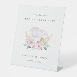 Blush Pink Chef Hat Floral Recipe Card Baby Shower Pedestal Sign