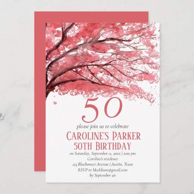 Blush Pink Cherry Blossom 50th Birthday Floral Invitation (Front/Back)
