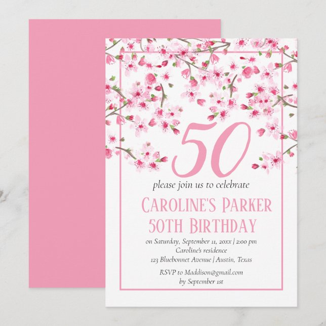 Blush Pink Cherry Blossom 50th Birthday Floral Invitation (Front/Back)