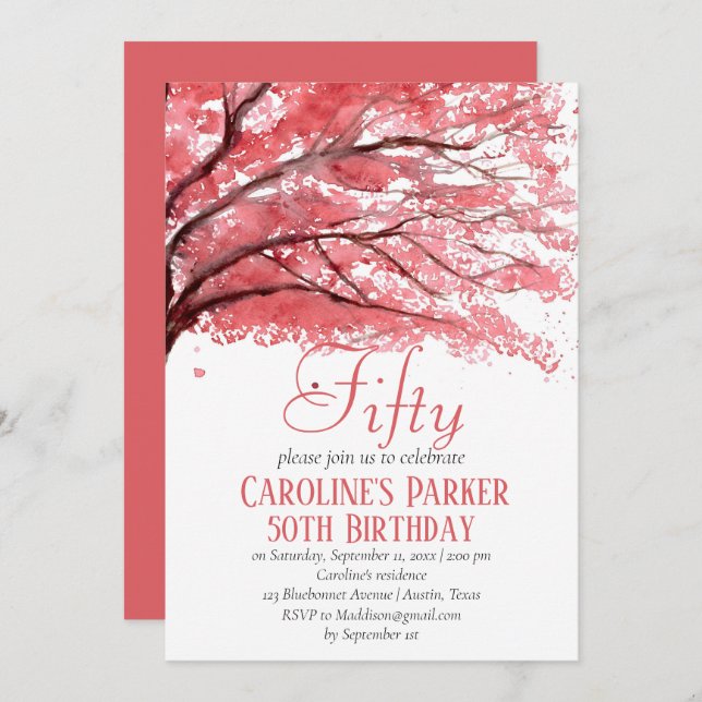 Blush Pink Cherry Blossom 50th Birthday Floral Invitation (Front/Back)