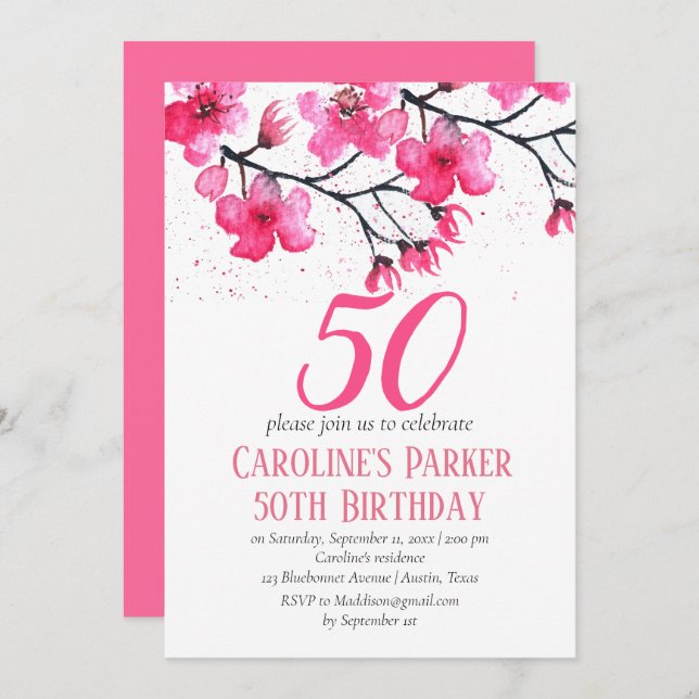Blush Pink Cherry Blossom 50th Birthday Floral Invitation (Front/Back)