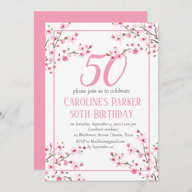 Blush Pink Cherry Blossom 50th Birthday Floral Invitation (Front/Back)