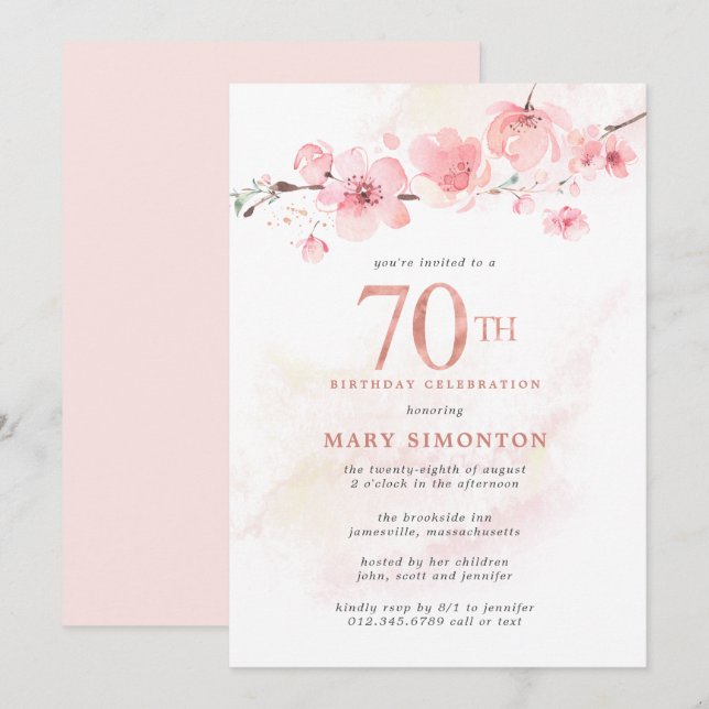 Blush  Pink Cherry Blossom 70th Birthday Invitation (Front/Back)