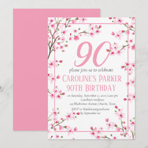 Blush Pink Cherry Blossom 90th Birthday Floral Invitation