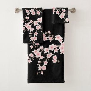 BLUSH Pink Cherry Blossom Black Bath Towel Set