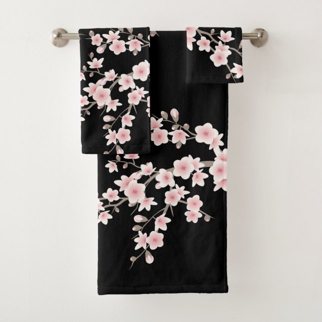BLUSH Pink Cherry Blossom Black Bath Towel Set (Insitu)