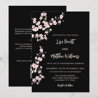 Blush Pink Cherry Blossom Black Invitation