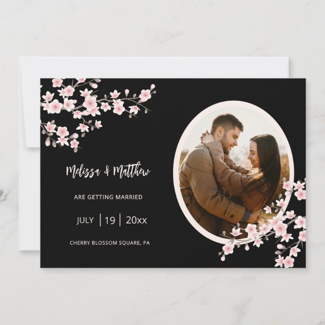 Blush Pink Cherry Blossom Black Wedding Save The Date (Front)