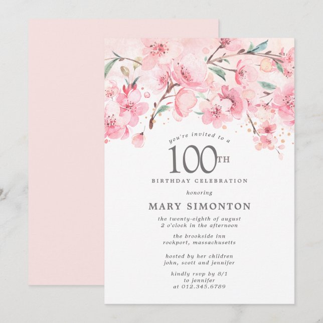 Blush Pink Cherry Blossom Floral 100th Birthday In Invitation (Front/Back)