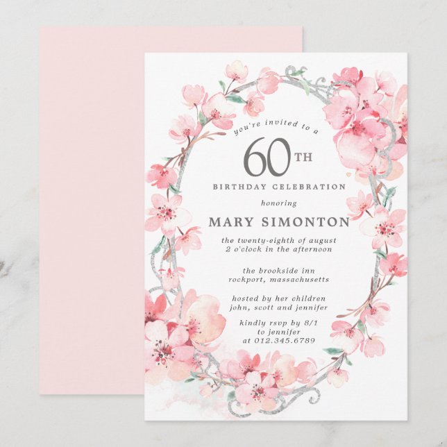 Blush Pink Cherry Blossom Floral 60th Birthday Invitation (Front/Back)