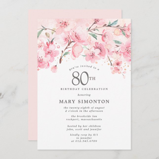 Blush Pink Cherry Blossom Floral 80th Birthday Invitation (Front/Back)
