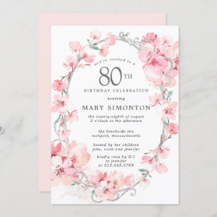 Blush Pink Cherry Blossom Floral 80th Birthday Invitation