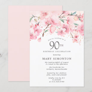 Blush Pink Cherry Blossom Floral 90th Birthday Invitation