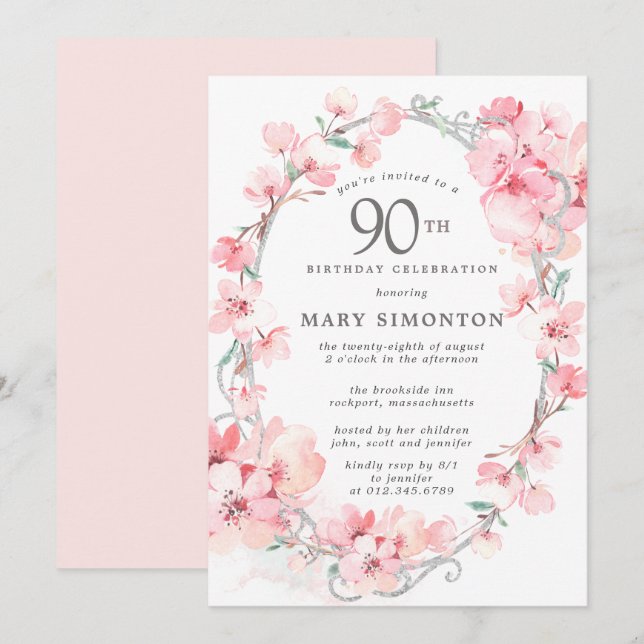 Blush Pink Cherry Blossom Floral 90th Birthday Invitation (Front/Back)
