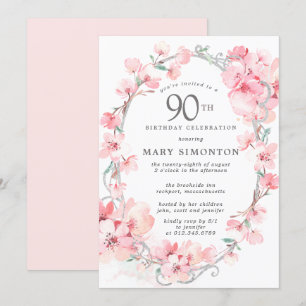 Blush Pink Cherry Blossom Floral 90th Birthday Invitation