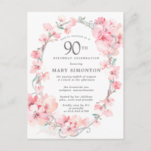 Blush Pink Cherry Blossom Floral 90th Birthday Invitation Postcard