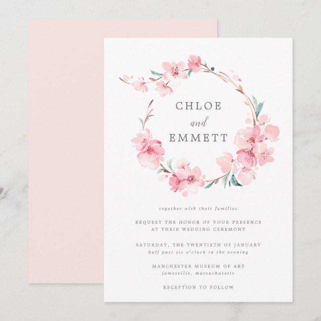 Blush Pink Cherry Blossom Floral Frame Wedding Invitation (Front/Back)