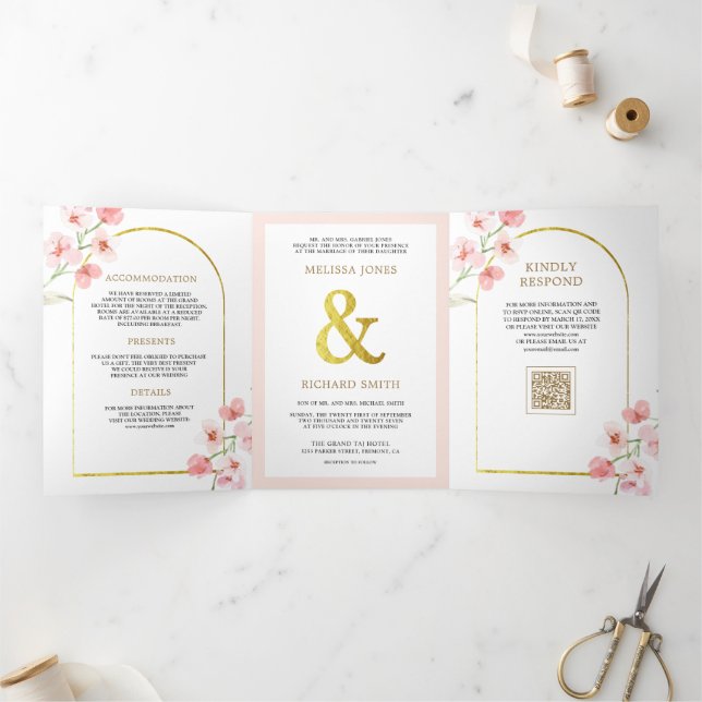 Blush Pink Cherry Blossom Floral QR Code Wedding Tri-Fold Invitation (Inside)