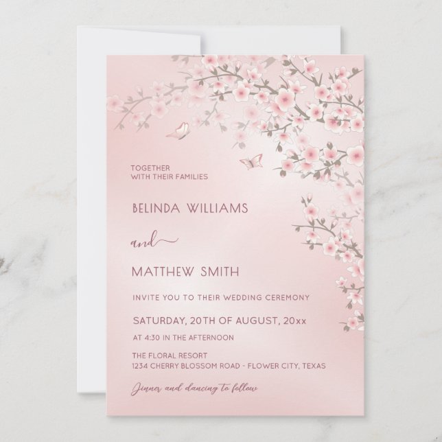 Blush Pink Cherry Blossom Photo Wedding Invitation (Front)