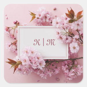 Blush Pink Cherry Blossom Rose Gold Frame Wedding Square Sticker