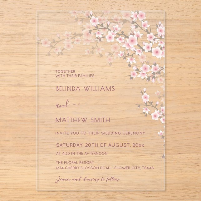 Blush Pink Cherry Blossom Wedding Acrylic Invitations (Front)