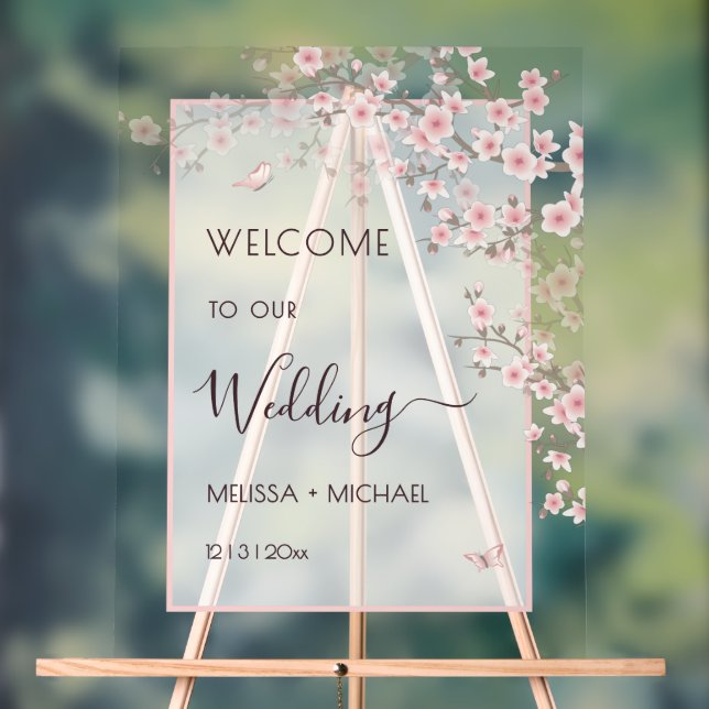Blush Pink Cherry Blossom Wedding Transparent Acrylic Sign (Neutral)