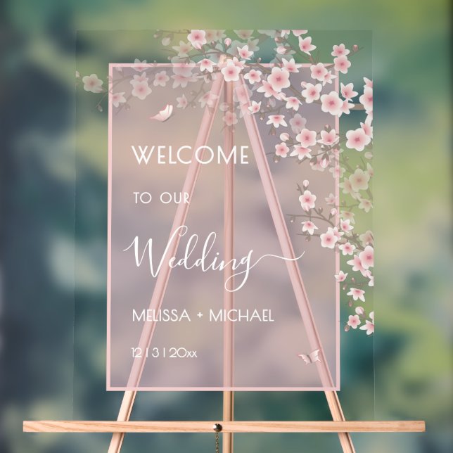 Blush Pink Cherry Blossom Wedding Transparent Acrylic Sign (Neutral)