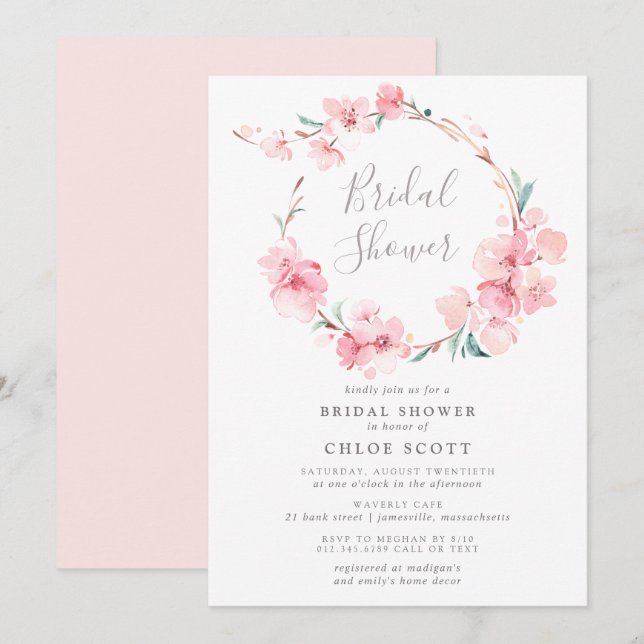 Blush Pink Cherry Blossom Wreath Bridal Shower Invitation (Front/Back)