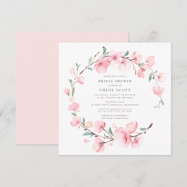 Blush Pink Cherry Blossom Wreath Bridal Shower Invitation (Front/Back)