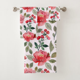 Blush Pink Cherry Red Floral Pattern Bath Towel Set
