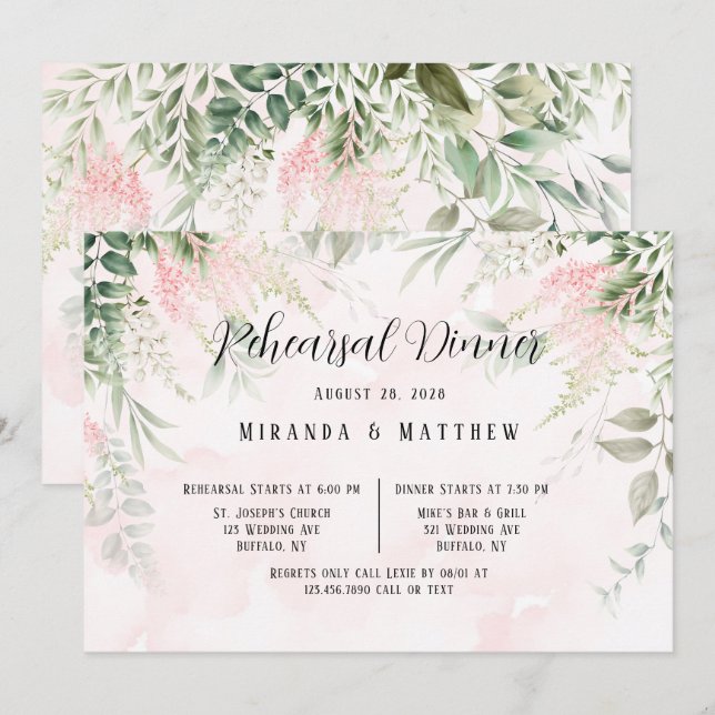 Blush Pink Chic Florals Greenery Rehearsal Dinner Invitation (Front/Back)