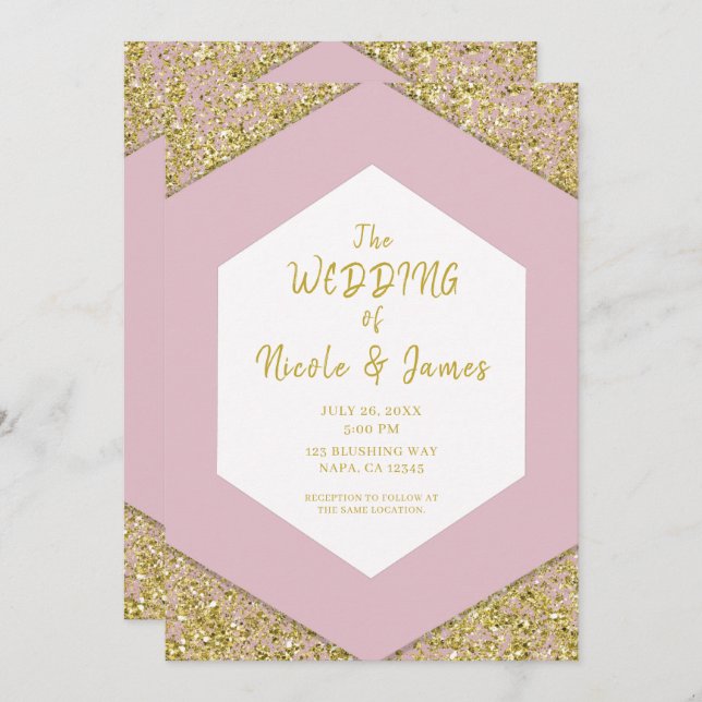 Blush Pink Chic Gold Glitter Flakes Glam Wedding  Invitation (Front/Back)
