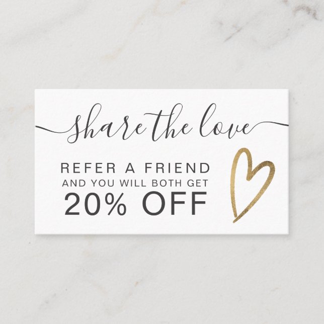 Blush pink chic gold heart script share the love referral card (Front)